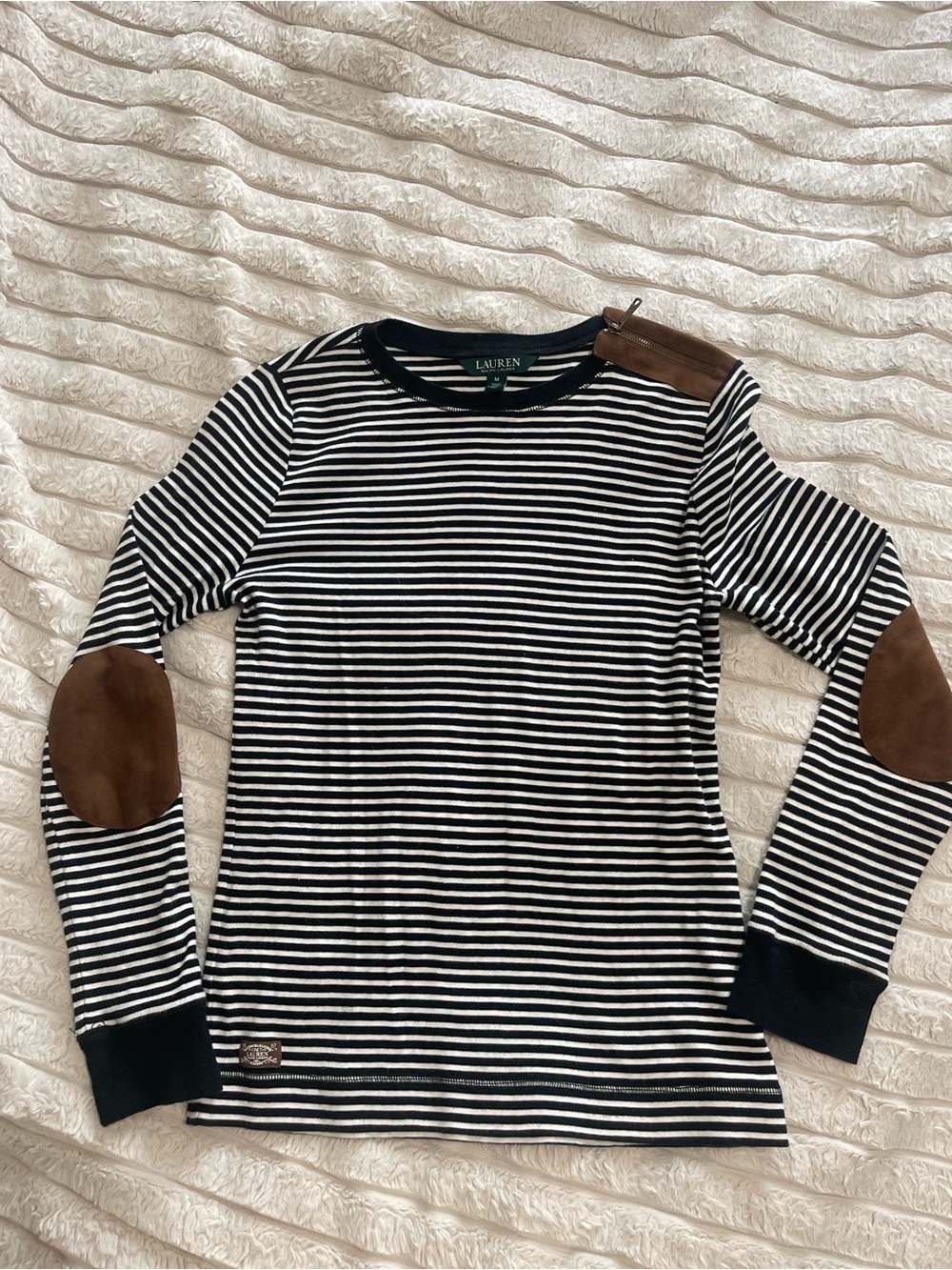 Ralph Lauren Elbow Patch Striped Top Medium  Black